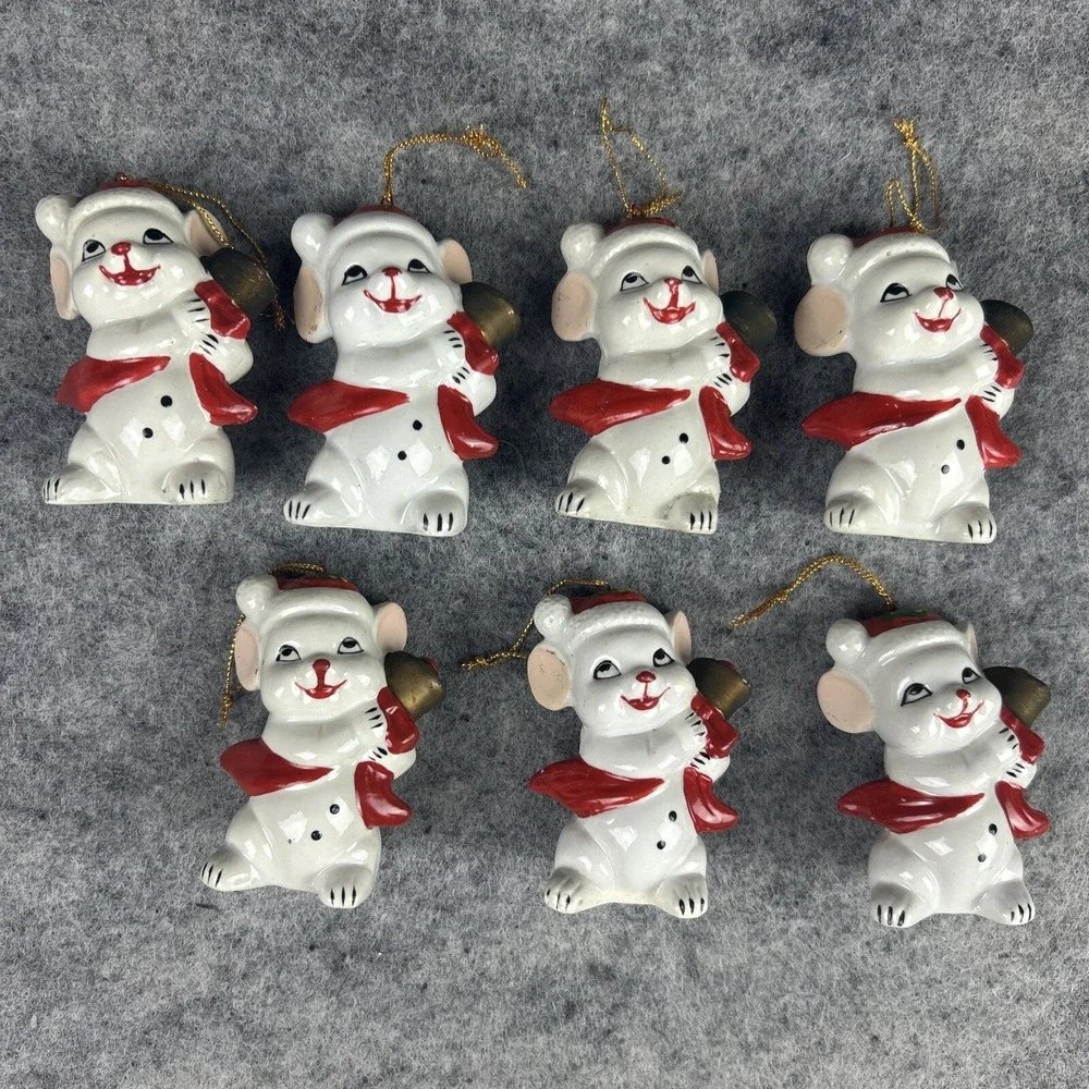 Lot of 7 Vintage Christmas Ornament Mouse with Bell Red White Ceramic Tree Decor